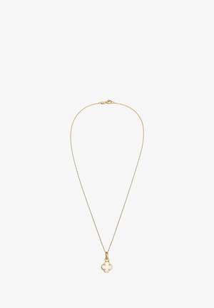 Jemný zlatý náhrdelník s malým príveskom v tvare štvorlístka s zlatým okrajom a bielym stredom.