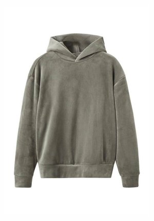 Groene corduroy hoodie met een relaxte pasvorm, voorzien van een grote capuchon, ribbels aan de manchetten en de zoom. De textuur is zacht met verticale ribbelstructuur door het hele kledingstuk.