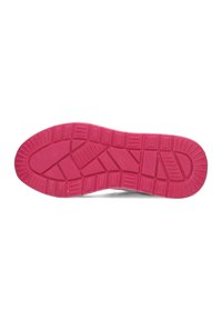 Suola di scarpa realizzata in un materiale gommoso di un brillante colore rosa, con un pattern testurizzato di blocchi e scanalature per trazione e presa.