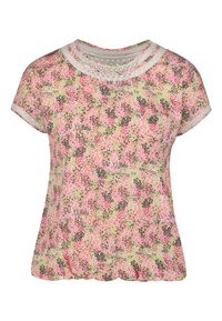 Top de manga corta con estampado floral en tonos rosa, verde y blanco. Cuenta con un escote redondo con ribete texturizado y un corte holgado y fluido.