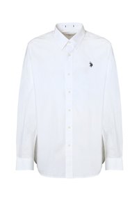 Camicia bianca in cotone con colletto a punta, maniche lunghe e un piccolo logo nero sul lato sinistro del petto.