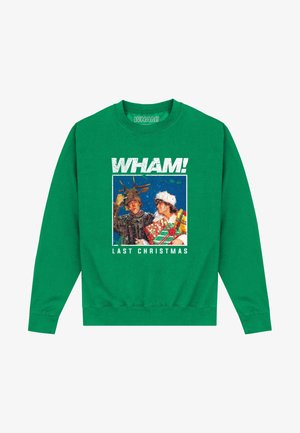 Sudadera verde con el texto "WHAM!" encima de una foto festiva de dos personas con disfraces navideños, sosteniendo regalos, con "LAST CHRISTMAS" debajo.