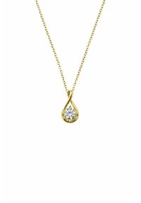 Collar con colgante en tono dorado que presenta un diseño de lágrima y una gema clara redonda en el centro, suspendido de una delicada cadena.