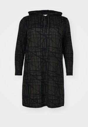 Hættetrøje i mørkegrøn med et sort abstrakt linjemønster; har lange ærmer og en snøre ved halsudskæringen.