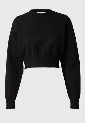 Schwarzer, kurz geschnittener Pullover aus weichem Strickstoff. Mit einem runden Ausschnitt und langen, leicht gepufften Ärmeln mit gerippten Bündchen.
