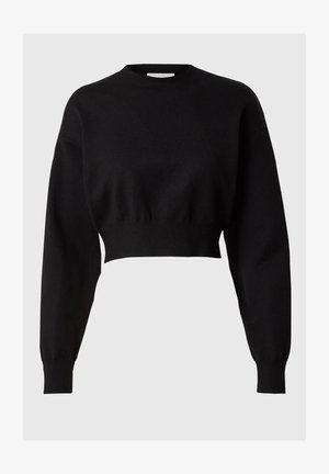Black cropped sweater made of soft knit fabric. Features a round neckline and long, slightly puffed sleeves with ribbed cuffs.