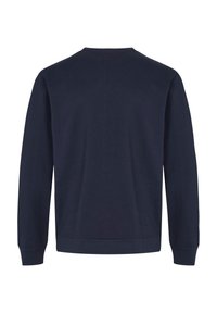 Sudadera azul marino de manga larga, con puños y dobladillo acanalados; textura suave, cuello redondo, diseño liso, sin patrones ni acentos visibles.