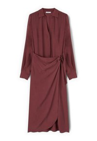Langärmliges bordeauxfarbenes Midi-Kleid mit Kragen, V-Ausschnitt, umgeschlagenen Ärmeln und seitlichem Bindeband, das ein Wickelrock-Panel kreiert.