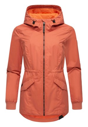 Roze-oranje jack met een ritssluiting, verstelbare capuchon, elastische manchetten en twee voorzakken. Glad, waterafstotend materiaal met een subtiele textuur.