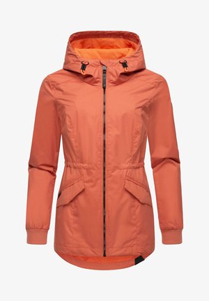 Roze-oranje jack met een ritssluiting, verstelbare capuchon, elastische manchetten en twee voorzakken. Glad, waterafstotend materiaal met een subtiele textuur.