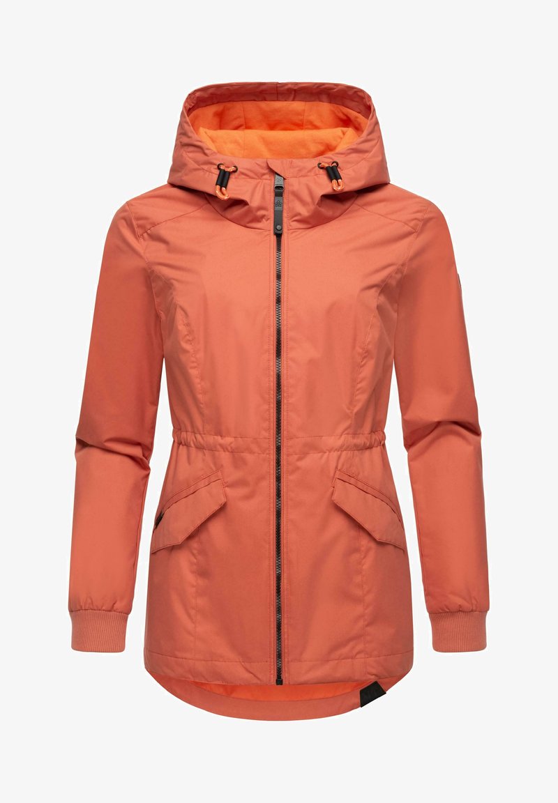 Roosakas-oranž jakk, millel on lukuga sulgemine, reguleeritav kapuuts, elastsed mansetid ja kaks esist taskut. Sile, veekindel kangas, millel on peene tekstuur.