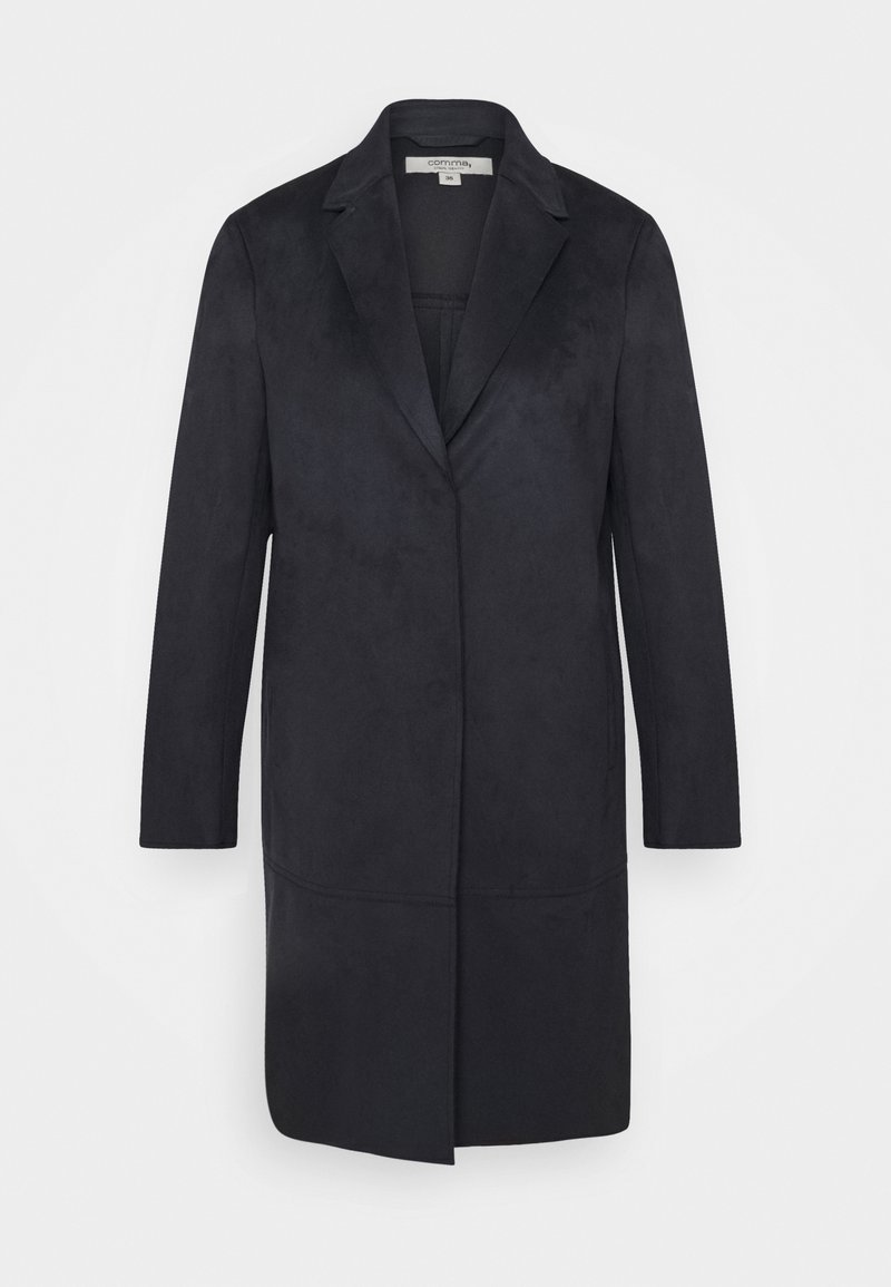 Long manteau noir à simple boutonnage avec col à revers et fermeture frontale cachée, présenté sur fond blanc uni.