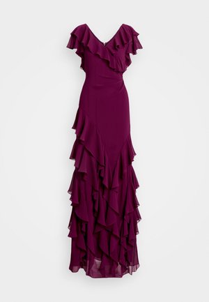 Long purple dress made of flowing fabric featuring layered ruffles along the neckline and skirt, with a v-neck design and slim fit.