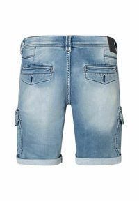 Denim shorts in light blue with a faded look. Two back pockets and cargo-style side pockets. Rolled cuffs and belt loops.
