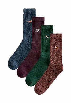 Vier Paare gerippte Socken in Marineblau, Burgunderrot, Grün und Braun, jeweils mit einzigartiger Tierstickerei: designs von Vögeln, Hunden und Füchsen.