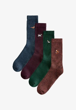 Four pairs of ribbed socks in navy, burgundy, green, and brown, each with unique animal embroidery: bird, dog, and fox designs.