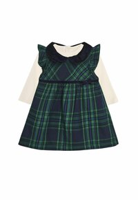 Vestido a cuadros verde y marino con mangas rizadas, un cuello oscuro y una cintura elástica. Presenta un cierre de botones en la parte posterior.