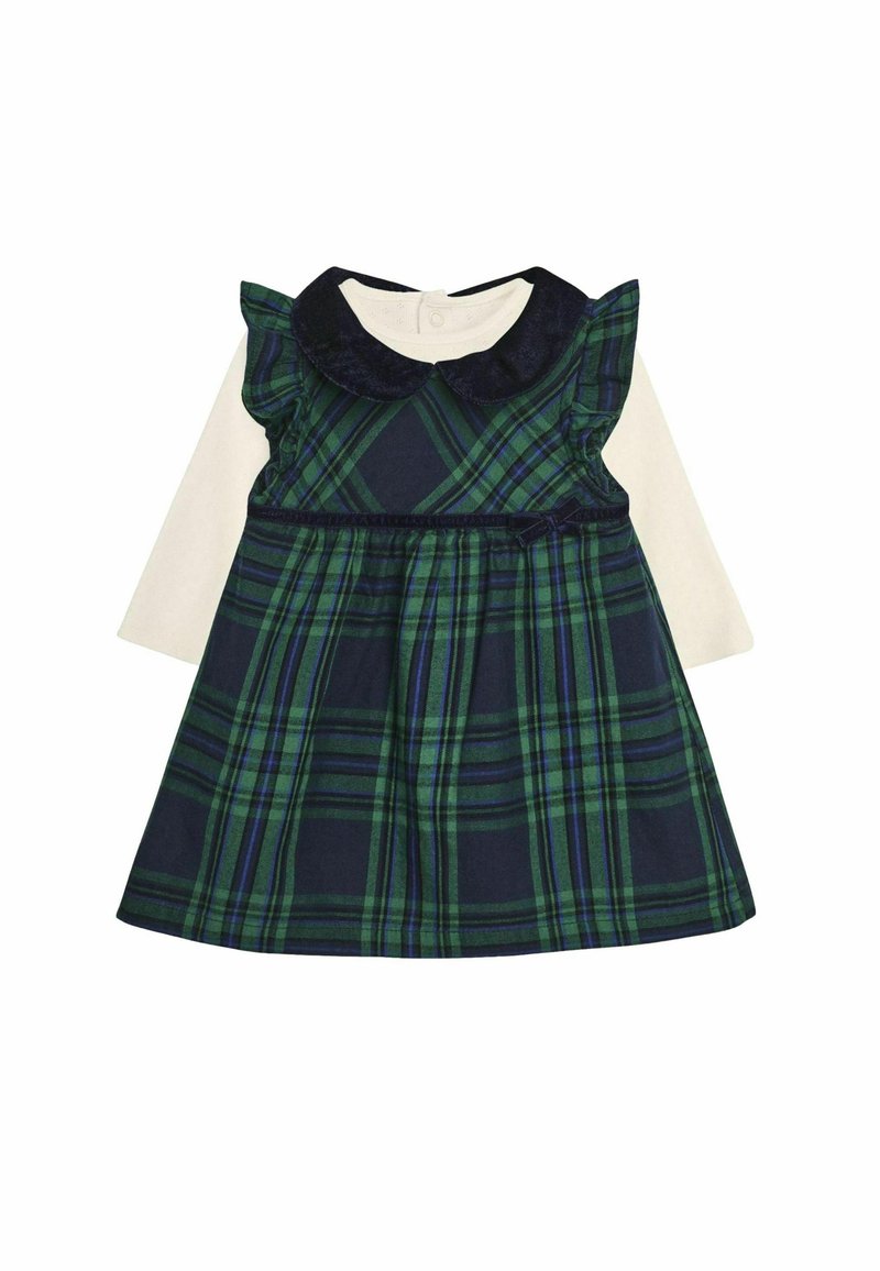 Vestido a cuadros verde y marino con mangas rizadas, un cuello oscuro y una cintura elástica. Presenta un cierre de botones en la parte posterior.
