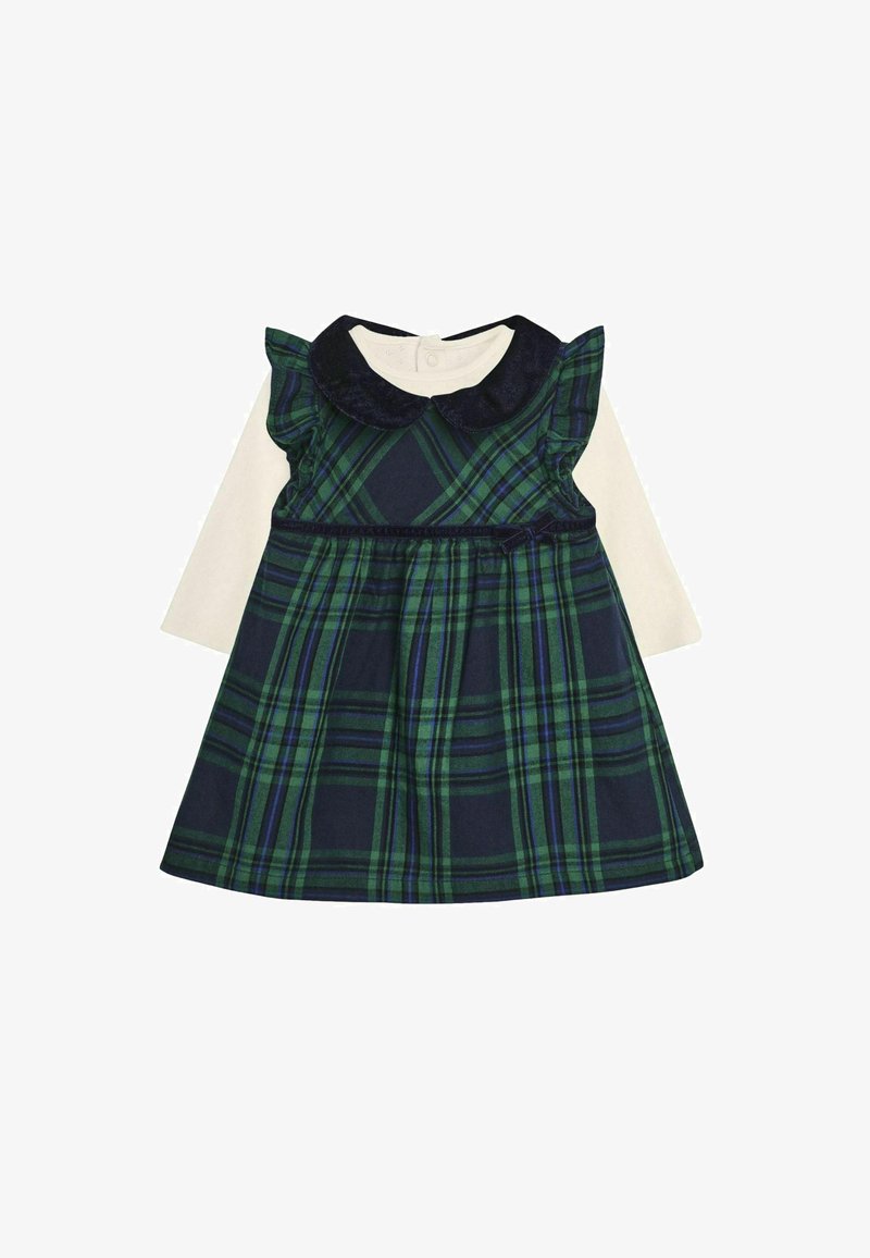 Vestido a cuadros verde y marino con mangas rizadas, un cuello oscuro y una cintura elástica. Presenta un cierre de botones en la parte posterior.