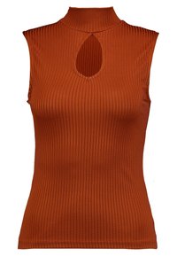 Top de canalé sin mangas en color naranja quemado, con cuello alto y un corte ovalado en el frente. Textura suave y diseño ajustado.