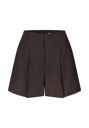 Pantalones cortos de corte ajustado, en marrón oscuro, de talle alto, con pliegues delanteros y trabillas para cinturón, con cierre delantero oculto.