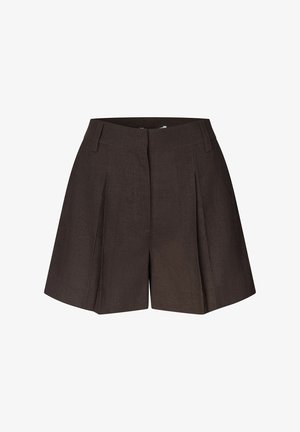 Hoch taillierte, dunkelbraune, maßgeschneiderte Shorts mit vorderen Falten und Gürtelschlaufen, mit verdecktem Frontverschluss.