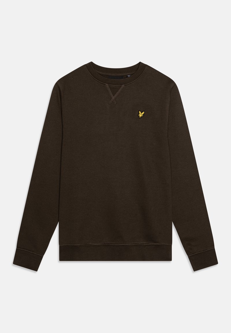 Maglione marrone con collo rotondo, maniche lunghe, polsini e orlo a coste. Presenta un piccolo logo giallo sul lato sinistro del petto. Tessuto morbido.