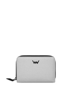 Gray canvas wallet with black zipper, featuring a minimalist design and a logo embroidered on the front. Compact rectangular shape.