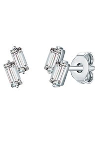 Rektangulära kristallstudörrhängen i glänsande silverfärgad metall. Två klara kristaller har vinklade snitt som elegant reflekterar ljus.