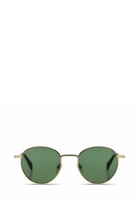 Lunettes de soleil rondes avec des verres verts et une fine monture en métal doré. Les caractéristiques incluent un double pont et des embouts en plastique noir sur les branches.
