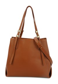 Brązowa skórzana torba tote z dwiema długimi uchwytami i złotymi akcentami. Posiada teksturowaną powierzchnię oraz przestronną konstrukcję wnętrza.