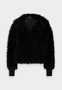 Πλεκτό κοντό μαύρο σακάκι από υφασμάτινη υφή με βαθύ V-λαιμόκοψη και ριμπ μανσέτες. Διαθέτει μαλακή, όγκο εμφανισιμότητα.