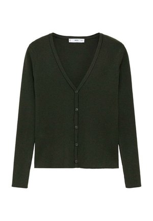 Cardigan a coste di colore verde scuro con scollatura a V e maniche lunghe, caratterizzato da una fila di bottoni lungo la parte anteriore. Tessuto morbido e design aderente.