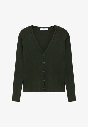 Dark green ribbed cardigan with a V-neckline and long sleeves, featuring a row of buttons down the front. Soft texture and fitted design.