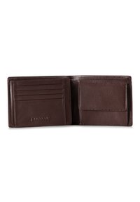 Brown leather wallet, bi-fold design; features multiple card slots, a smooth texture, and a branded accent on the exterior.