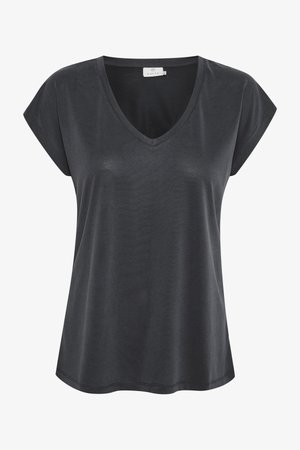 Juoda trumpa rankovė V formos marškinėliai, pagaminti iš švelnaus, lygaus audinio, su palaida prigludimo forma ir apvaliu kertiniu siūlu. Paprastas ir universalaus dizaino.