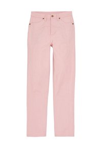 Pantaloni in denim rosa chiaro con gambe dritte, cinque tasche e dettagli in metallo marrone a contrasto. Caratterizzati da cuciture dettagliate e una finitura pulita.