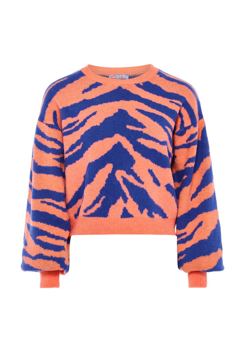 Maglione cropped con una base arancione e audaci strisce blu a forma di tigre. Realizzato in un morbido materiale a maglia testurizzato con polsini e orlo a coste.