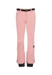 Pink snow pants with a black adjustable belt, two front pockets, flared legs, elastic cuffs, and a logo patch on the left side.