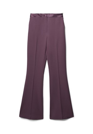 Pantaloni viola a zampa d'elefante con life in satin, dotati di chiusura con bottone, progettati con una texture liscia e una silhouette sartoriale.