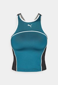 Top corto atletico senza maniche di colore verde acqua e nero con piping bianco e logo Puma sul petto, progettato per donne.