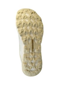 Semelle de chaussure de sport blanche avec un motif en caoutchouc texturé pour une meilleure adhérence, présentant des crampons surélevés et le nom de la marque "Merrell" en relief au centre.