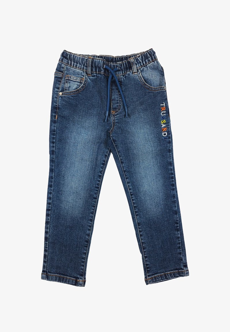 Pantaloni in denim blu scuro con vita elasticizzata e coulisse. Presentano tasche laterali e ricamo colorato del logo "TRUSSARDI" sulla gamba.