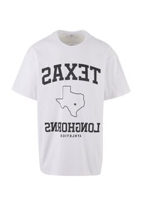 Bijela pamučna majica s crnim natpisima "TEXAS" i "LONGHORNS" te detaljem u obliku konture karte Teksasa i zvijezde. Klasični dizajn s okruglim izrezom.
