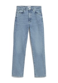 Světle modré džíny z denimu se střihem rovného nohavice, pěti kapsami a zapínáním na knoflík a zip. Mírně vybledlý vzhled po celé ploše.