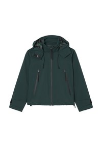 Donkergroene waterdichte jas met een capuchon, uitgerust met twee ritszakken aan de voorkant en een verstelbare zoom met elastische trekkoorden.