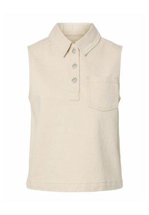 Tricou polo bej din bumbac fără mâneci, cu guler, trei nasturi în față și un buzunar la piept pe partea stângă.