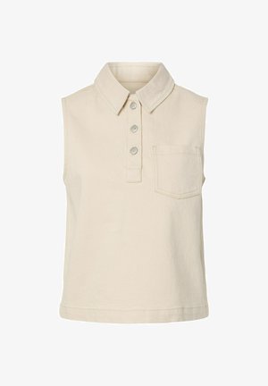 Tricou polo bej din bumbac fără mâneci, cu guler, trei nasturi în față și un buzunar la piept pe partea stângă.