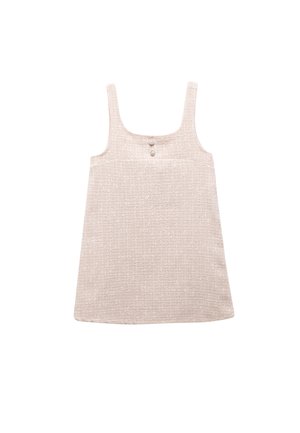 Light pink sleeveless top with a textured woven fabric, featuring a square neckline and two decorative buttons near the center front.