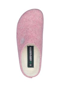 Pink felt slipper with a soft white lining. Features a spiral logo and a black label with the brand name and size. Closed-back design.